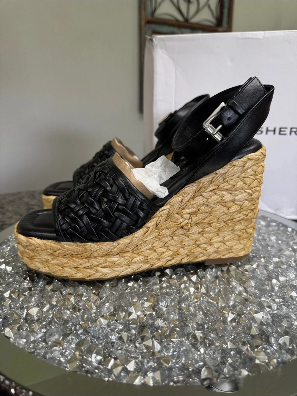 Marc Fisher Godina Black Woven Espadrille Wedge Sandals NEW 7.5